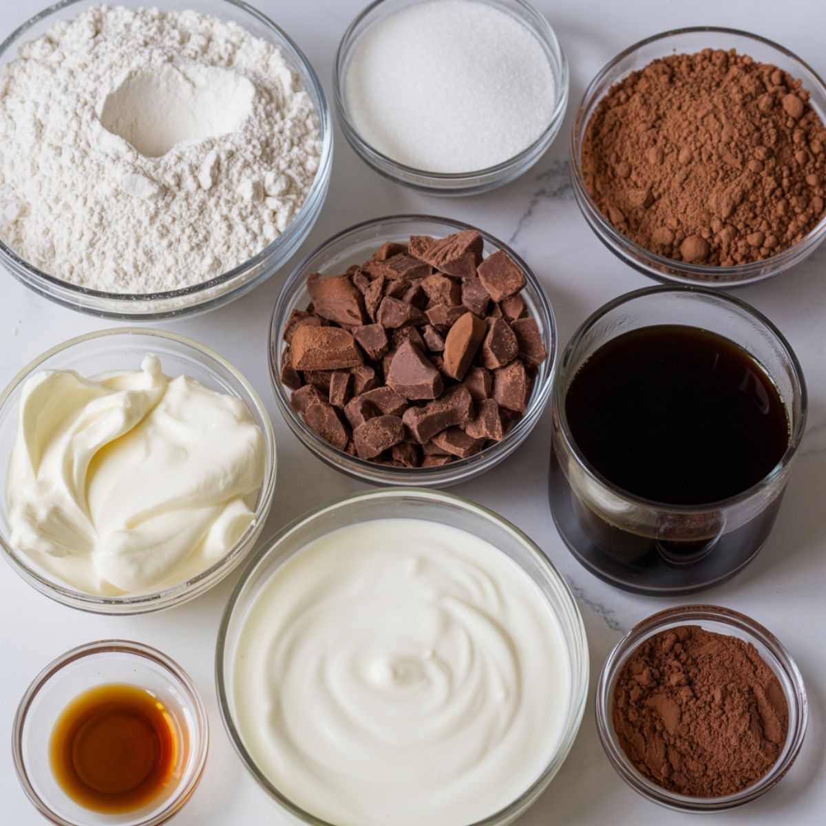 Overhead view of homemade tiramisu cupcake ingredients laid out on a white kitchen counter in glass bowls, including flour, sugar, cocoa powder, coffee, and mascarpone.