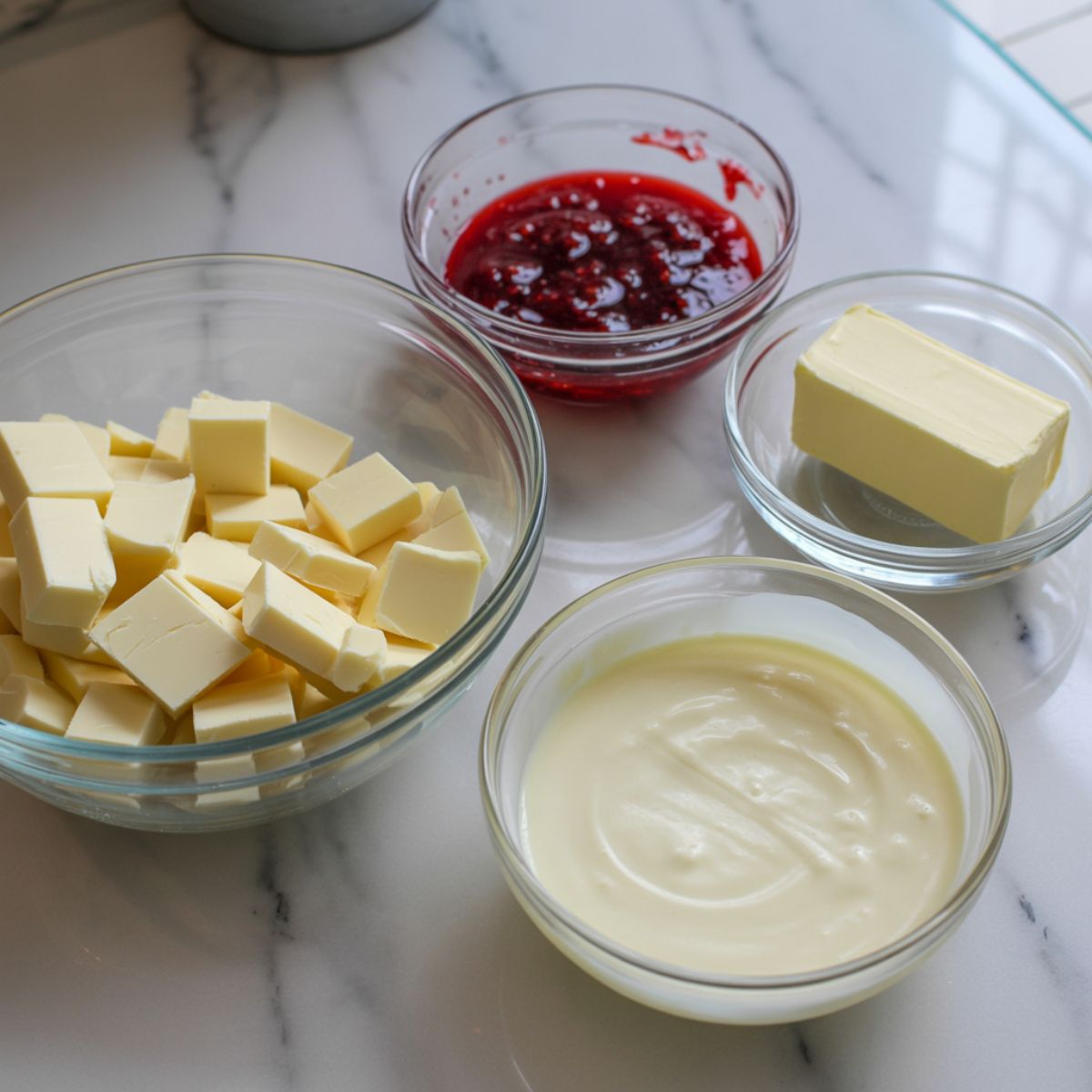 Overhead image of truffle ingredients including white chocolate, raspberry jam, butter, and cream on a white marble counter in glass bowls with a natural homemade setup.