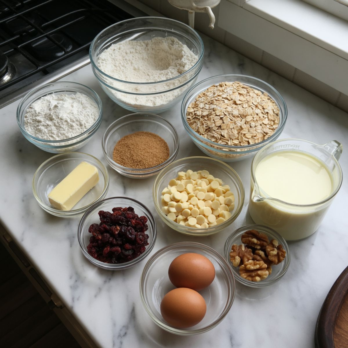 Overhead view of ingredients for homemade white chocolate cranberry bars arranged casually on a white kitchen counter.