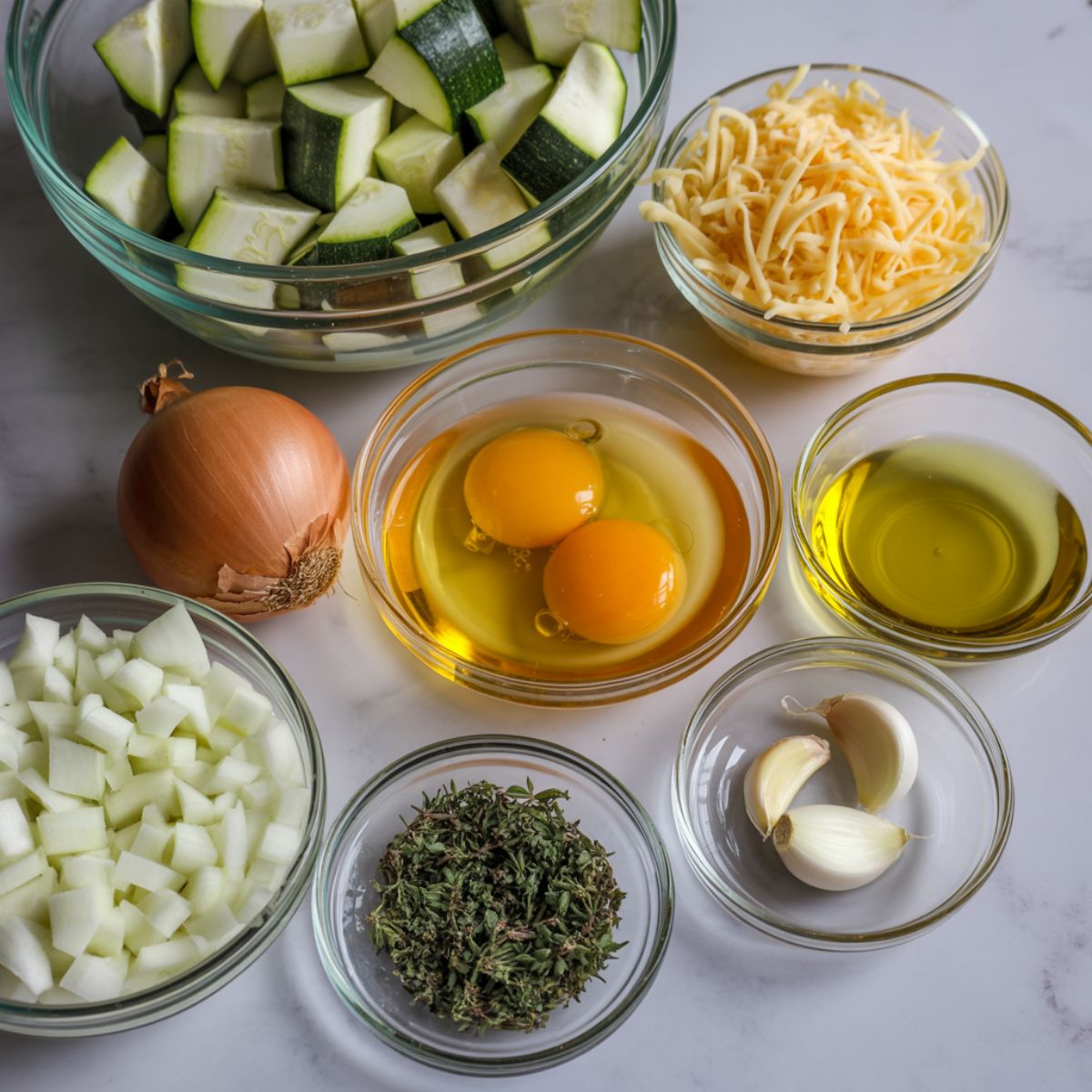 Overhead view of zucchini omelette ingredients including zucchini, eggs, cheese, onion, garlic, herbs, and olive oil on a white kitchen counter.