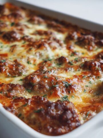 Homemade Italian sausage casserole recipe baked with pasta, marinara, and melted cheese, served in a white dish on a kitchen counter, photographed from above.