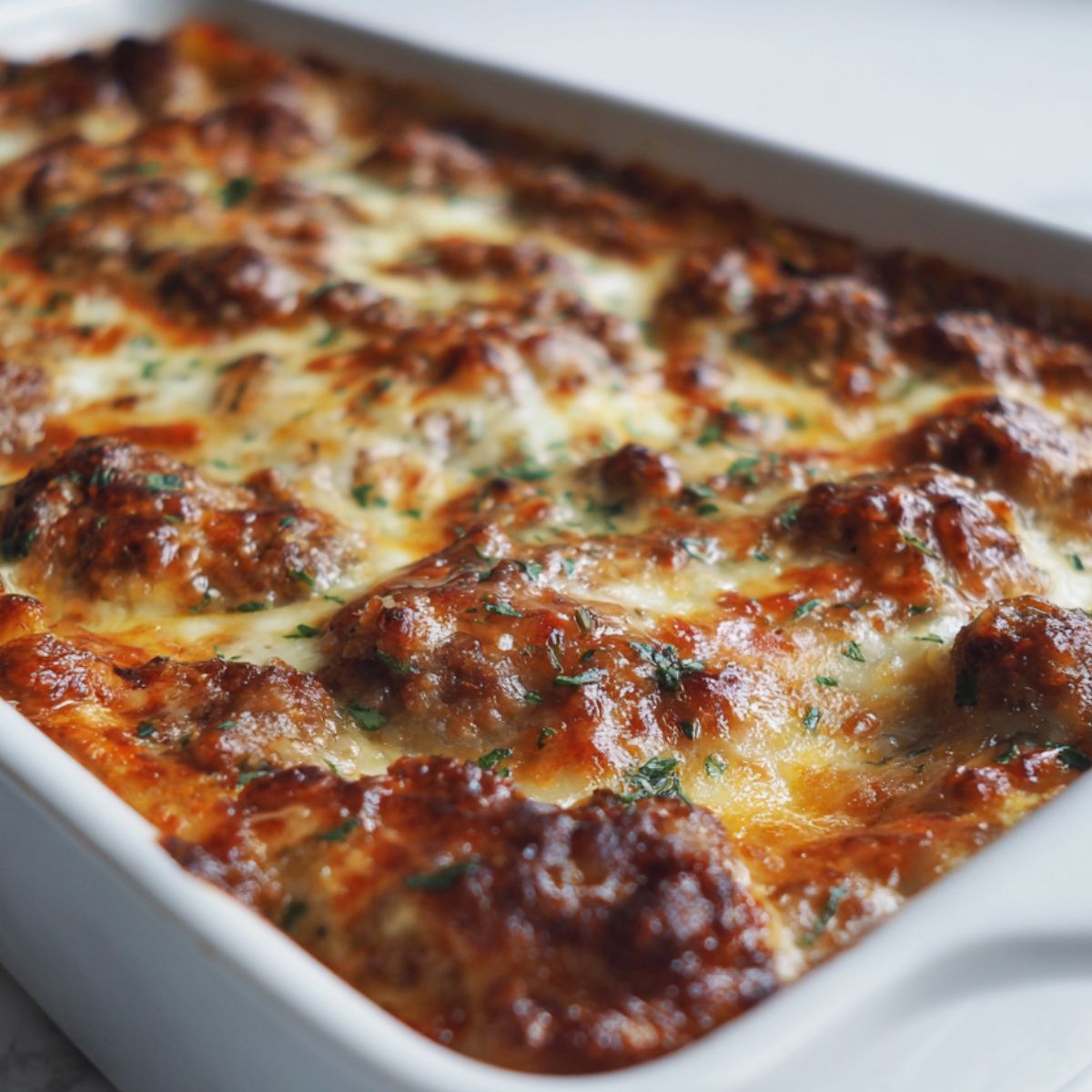 Homemade Italian sausage casserole recipe baked with pasta, marinara, and melted cheese, served in a white dish on a kitchen counter, photographed from above.