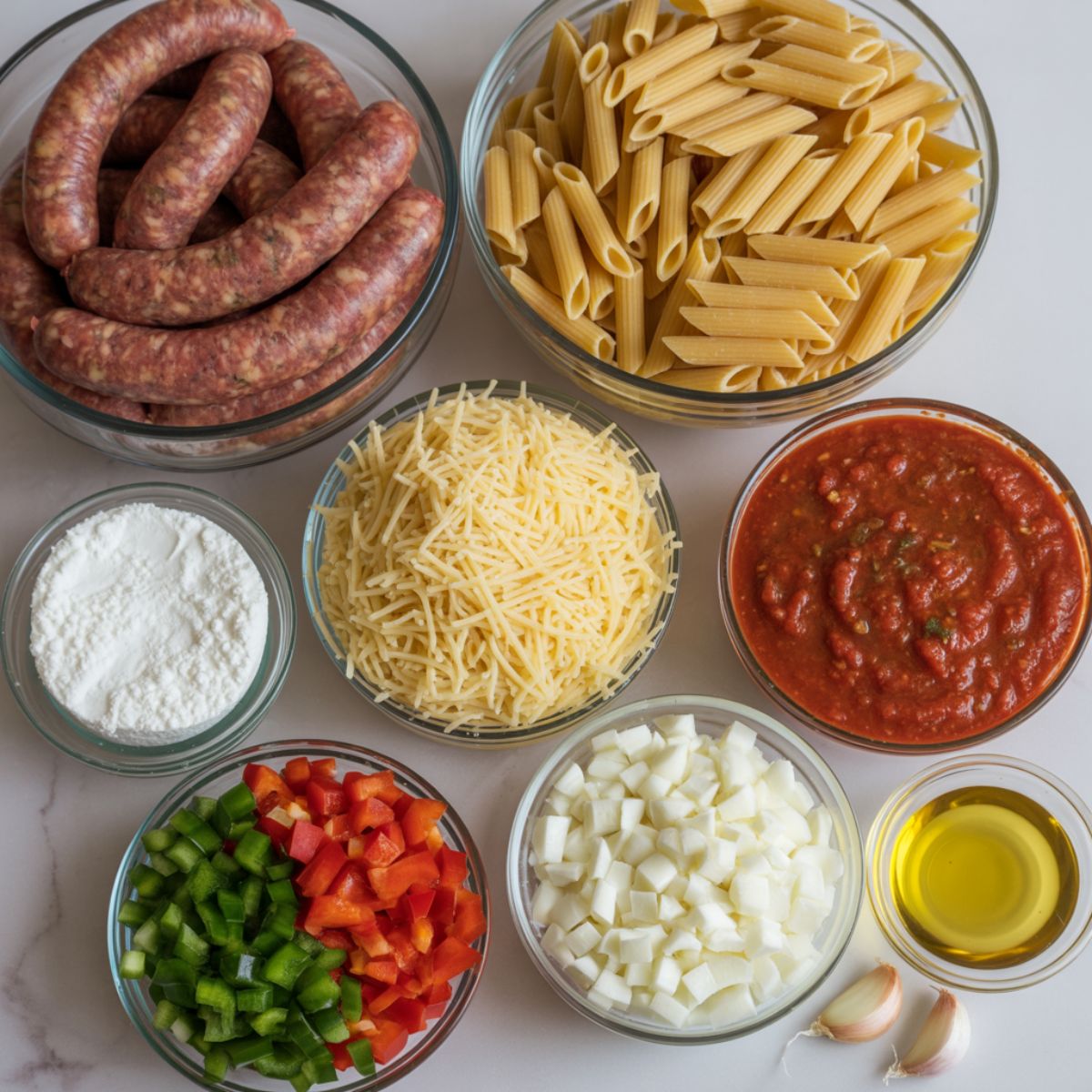 Overhead photo of raw ingredients for Italian sausage casserole, including sausage, pasta, marinara sauce, ricotta, mozzarella, parmesan, onion, bell pepper, and garlic on a white kitchen counter.