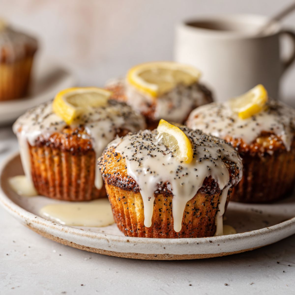 Homemade lemon poppy seed cupcakes recipe with glaze on a white kitchen counter, overhead shot with rustic and imperfect look.