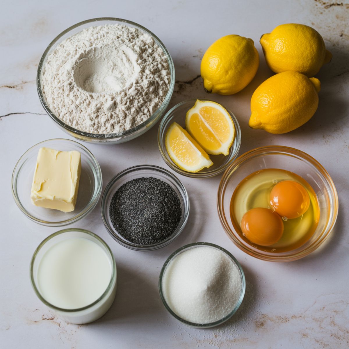 Overhead photo of ingredients for lemon poppy seed cupcakes, casually arranged on a white kitchen counter with a homemade, imperfect style.