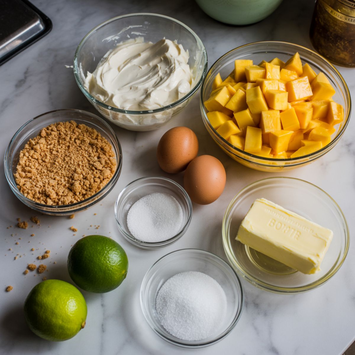 Overhead view of cream cheese, fresh mango, eggs, graham crackers, sugar, butter, and lime on a white kitchen counter for mango cheesecake bars.