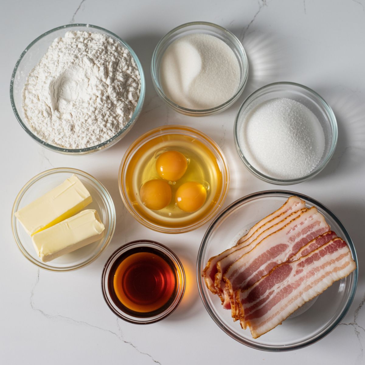 Overhead shot of ingredients for maple bacon cupcakes including flour, sugar, eggs, butter, maple syrup, and bacon on a white kitchen counter.