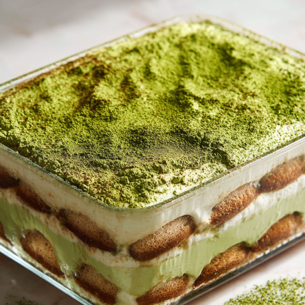 Homemade matcha tiramisu recipe in a glass dish with green matcha layers and light dusting of matcha powder on a white kitchen counter, photographed from above.