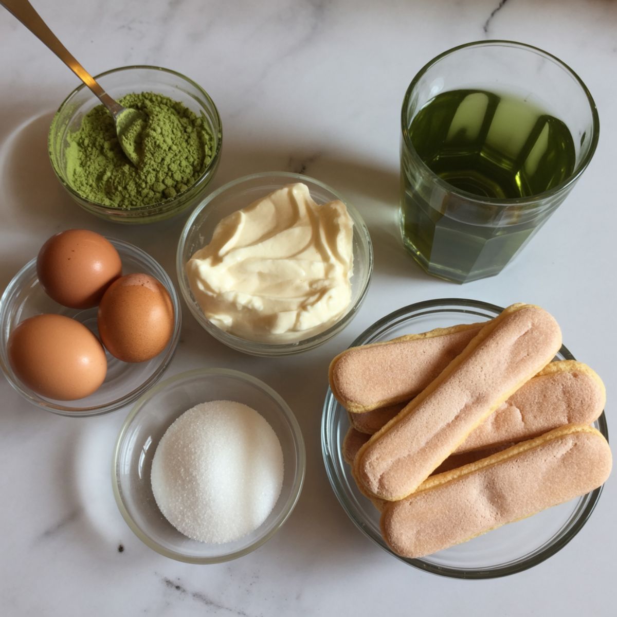 Overhead view of matcha tiramisu ingredients including matcha powder, mascarpone, eggs, sugar, ladyfingers, and green tea laid out casually on a white kitchen counter.