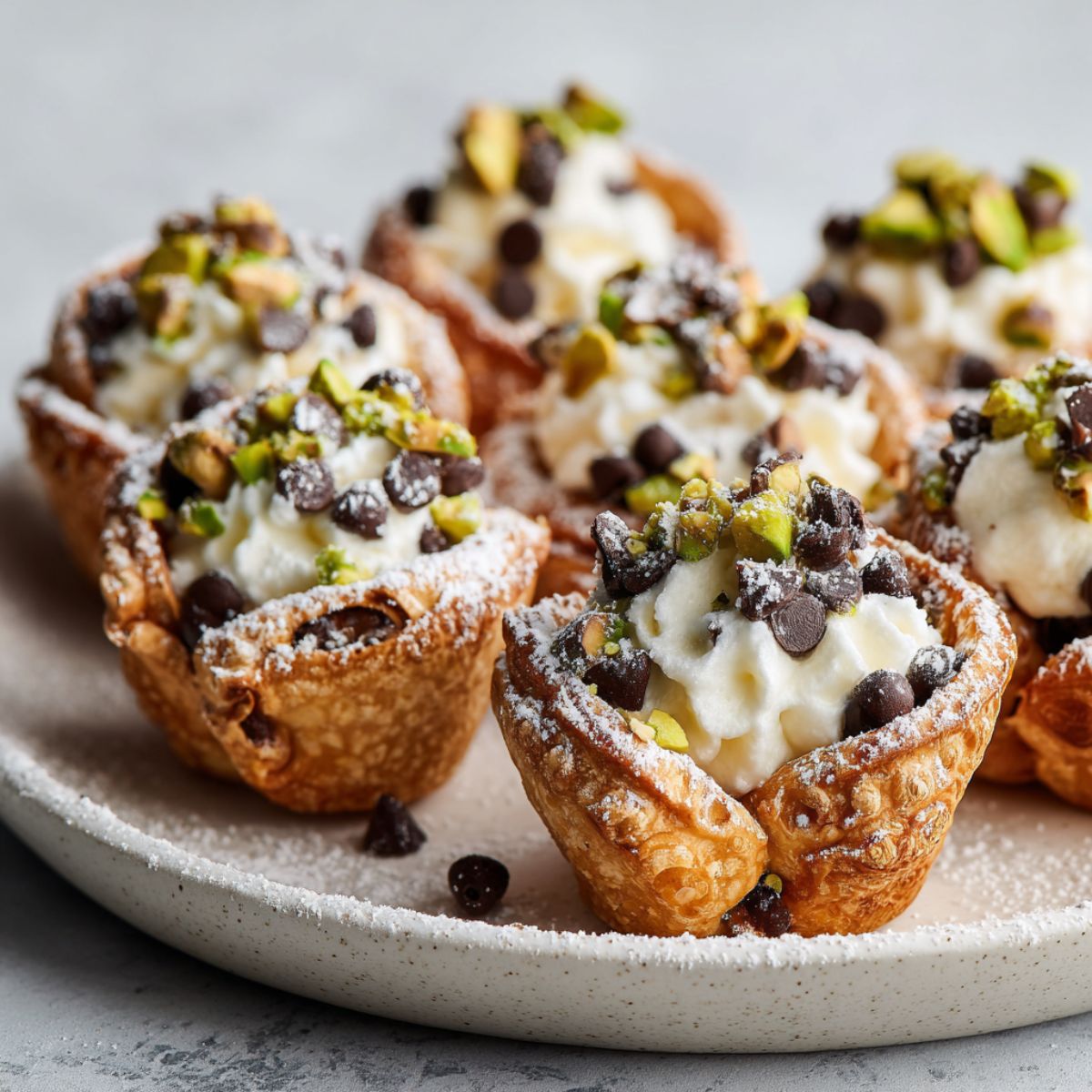 Overhead shot of homemade mini cannoli cups filled with ricotta cream, pistachios, and chocolate chips on a white kitchen counter.