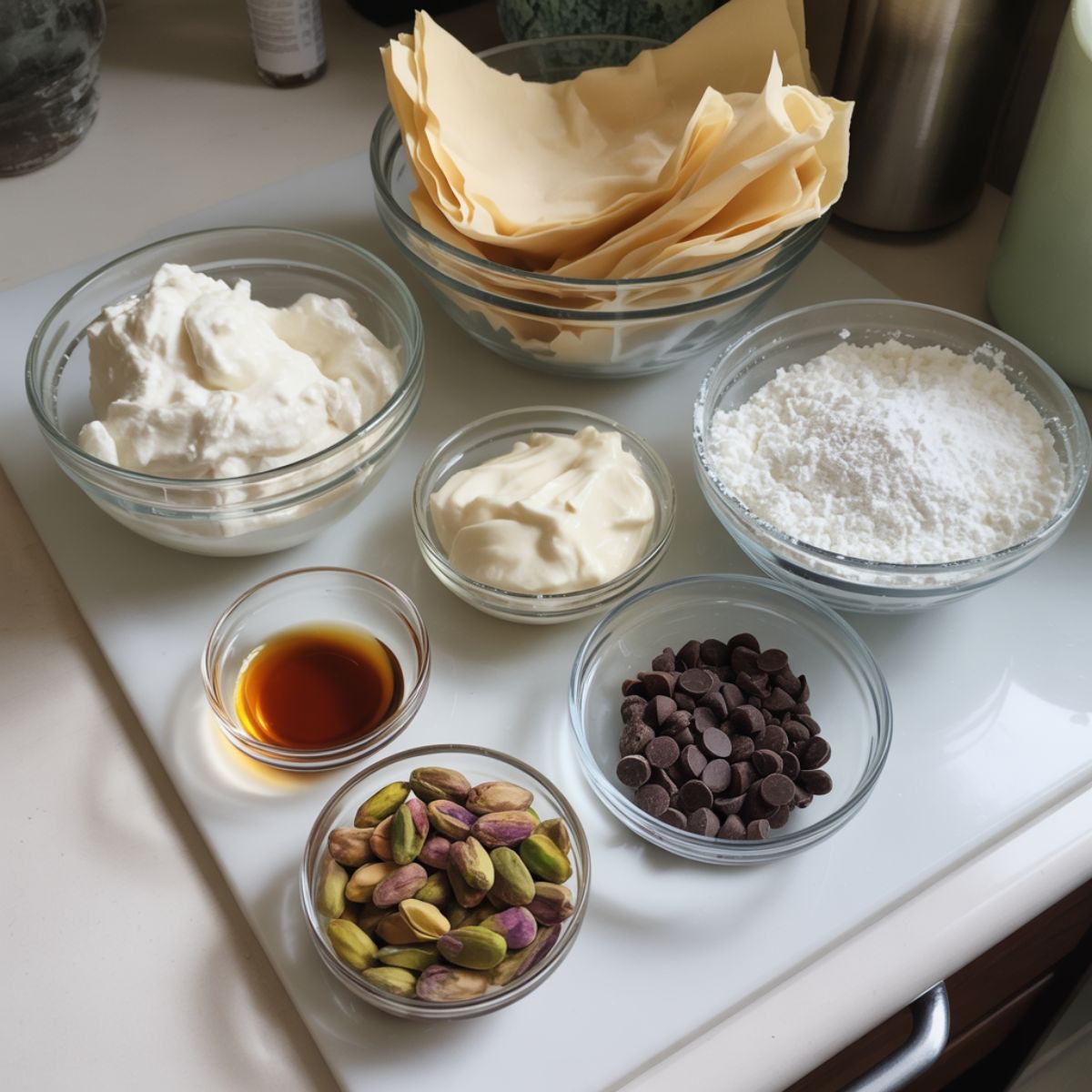 Overhead photo of ingredients for mini cannoli cups including ricotta, mascarpone, powdered sugar, chocolate chips, pistachios, and phyllo cups on a white counter.