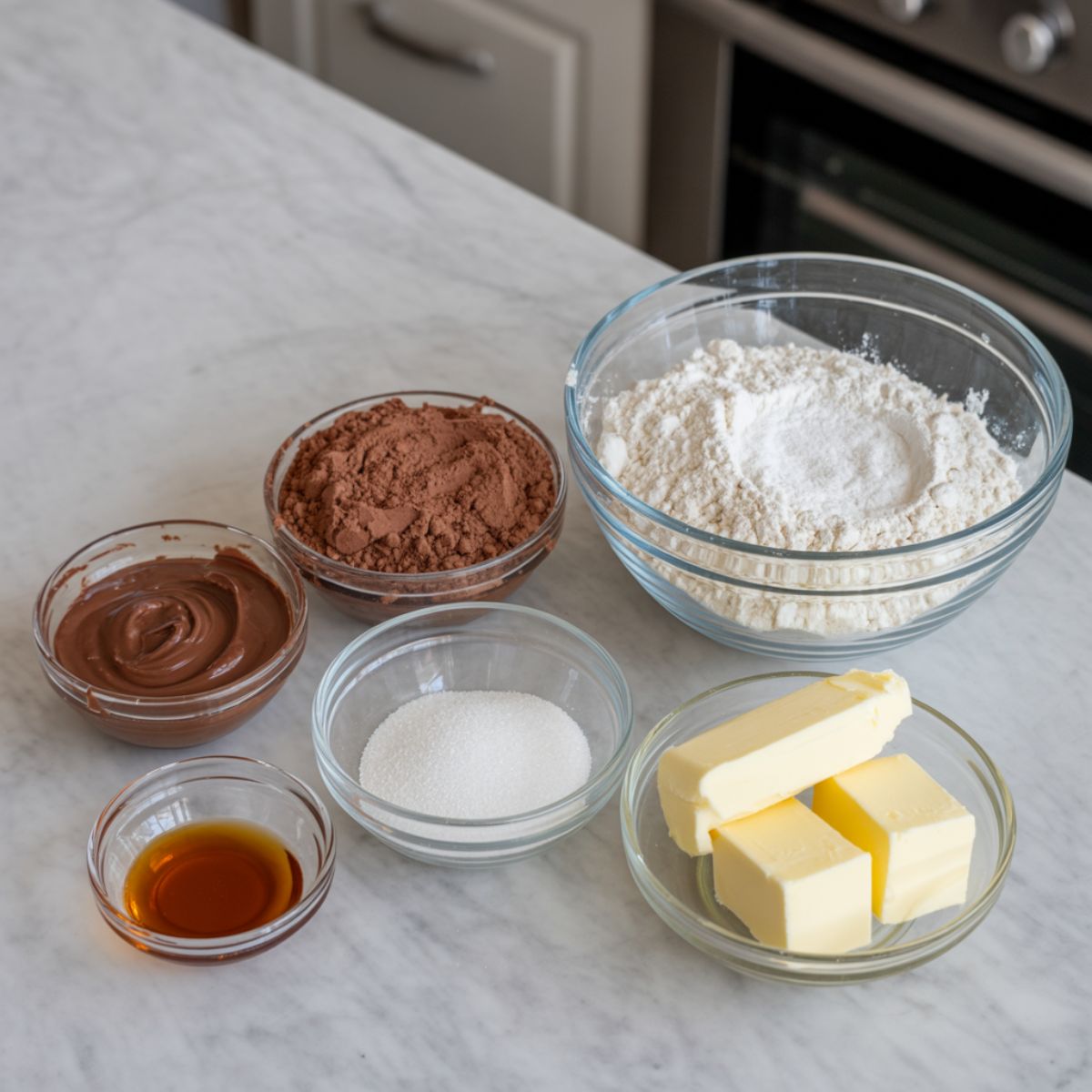 Top-down view of Nutella cupcake ingredients arranged casually on a white marble kitchen counter.