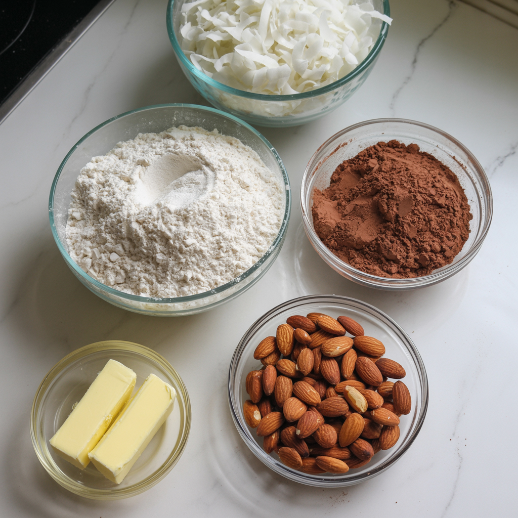 Overhead photo of homemade Almond Joy cupcake ingredients including shredded coconut, cocoa powder, almonds, and butter on a white counter.