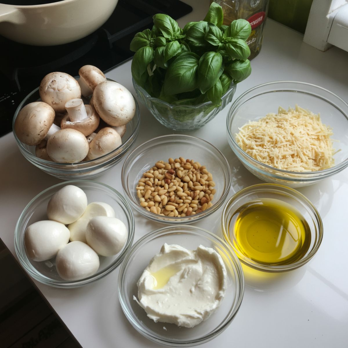 Overhead photo of pesto stuffed mushrooms ingredients including mushrooms, basil, parmesan, mozzarella, garlic, pine nuts, and olive oil on a white kitchen counter.