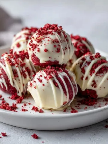 Homemade red velvet Oreo truffles recipe dipped in white chocolate, arranged on a white kitchen counter with crumbs scattered naturally.