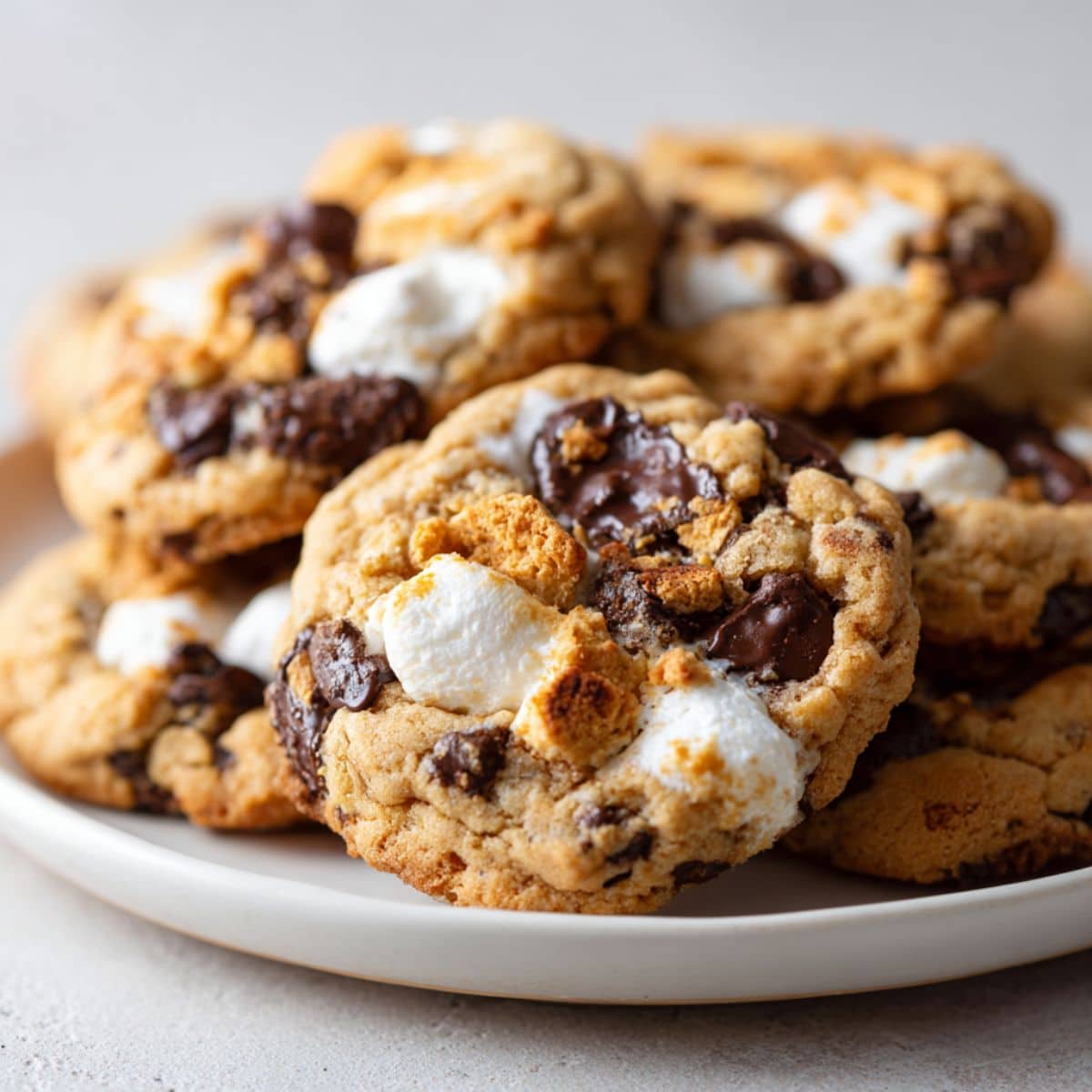 Homemade s’mores cookies recipe with melted chocolate, marshmallows, and graham cracker pieces on a white kitchen counter, photographed from above.