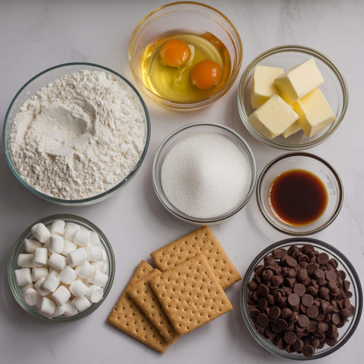 Flat lay of s’mores cookie ingredients including flour, butter, sugar, eggs, marshmallows, graham crackers, and chocolate chips on a white kitchen counter.