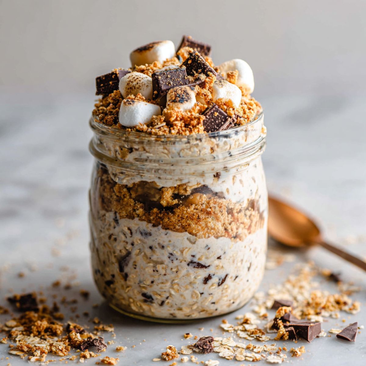 Homemade S’mores overnight oats recipe in a mason jar topped with marshmallows, graham cracker crumbs, and chocolate on a white kitchen counter.