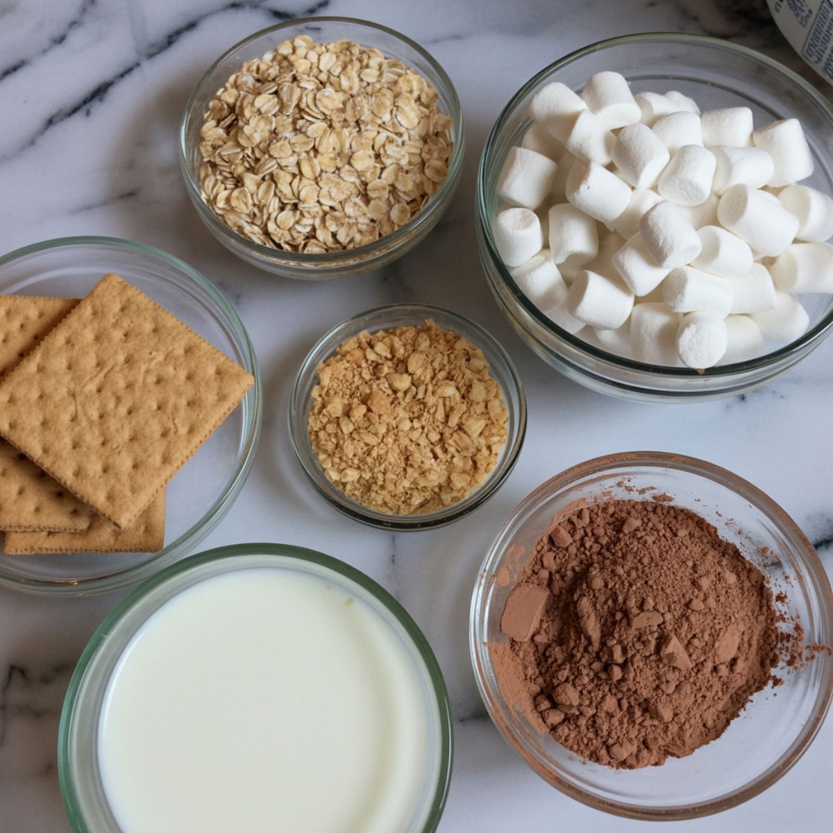 Overhead photo of ingredients for S’mores overnight oats including oats, marshmallows, graham crackers, cocoa, yogurt, and milk on a white counter.