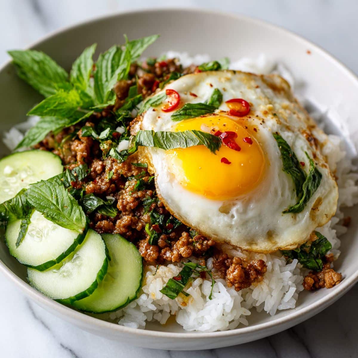 Homemade Thai basil minced pork recipe served over jasmine rice with a fried egg on top, garnished with basil and cucumber slices, photographed from above on a white kitchen counter.