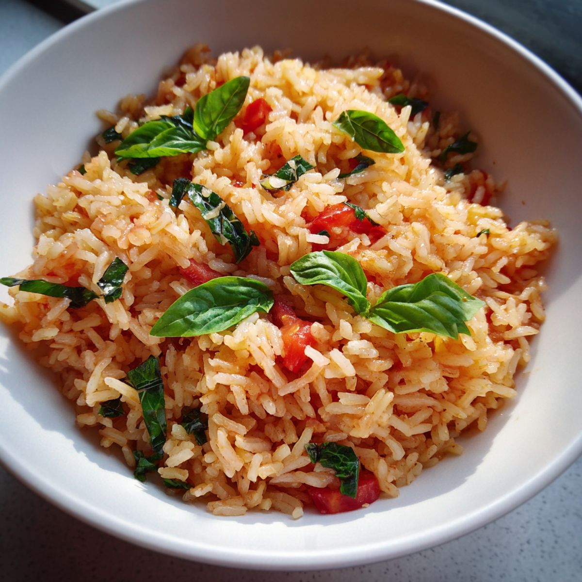 Overhead photo of homemade tomato basil rice recipe in a white bowl, garnished with fresh basil on a white kitchen counter.