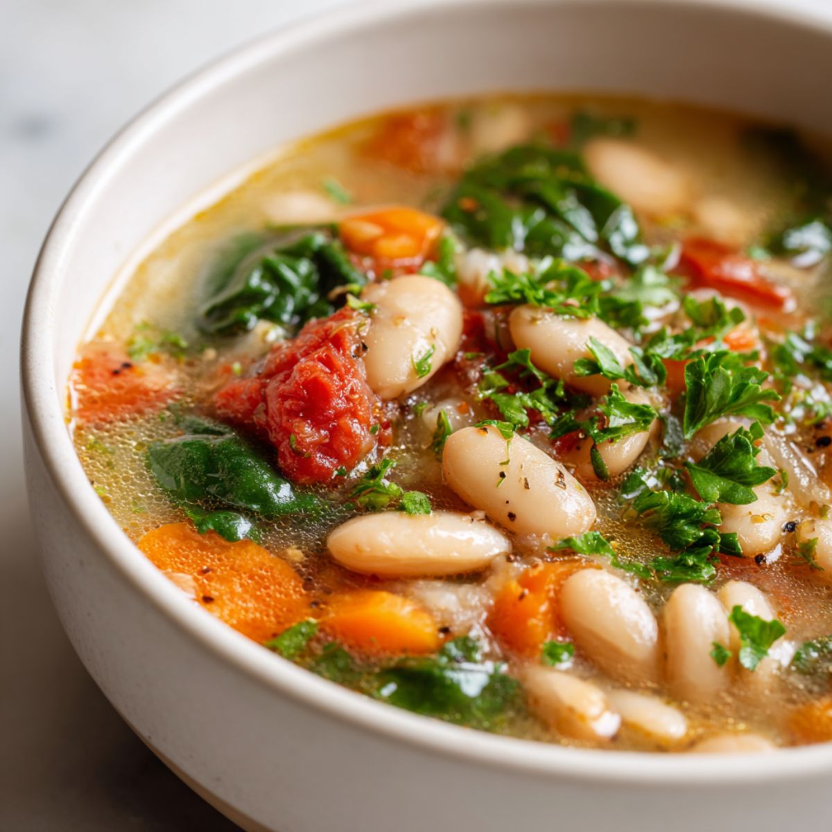 Rustic homemade Tuscan white bean soup recipe in a white bowl on a white marble counter, overhead shot with fresh herbs on top.
