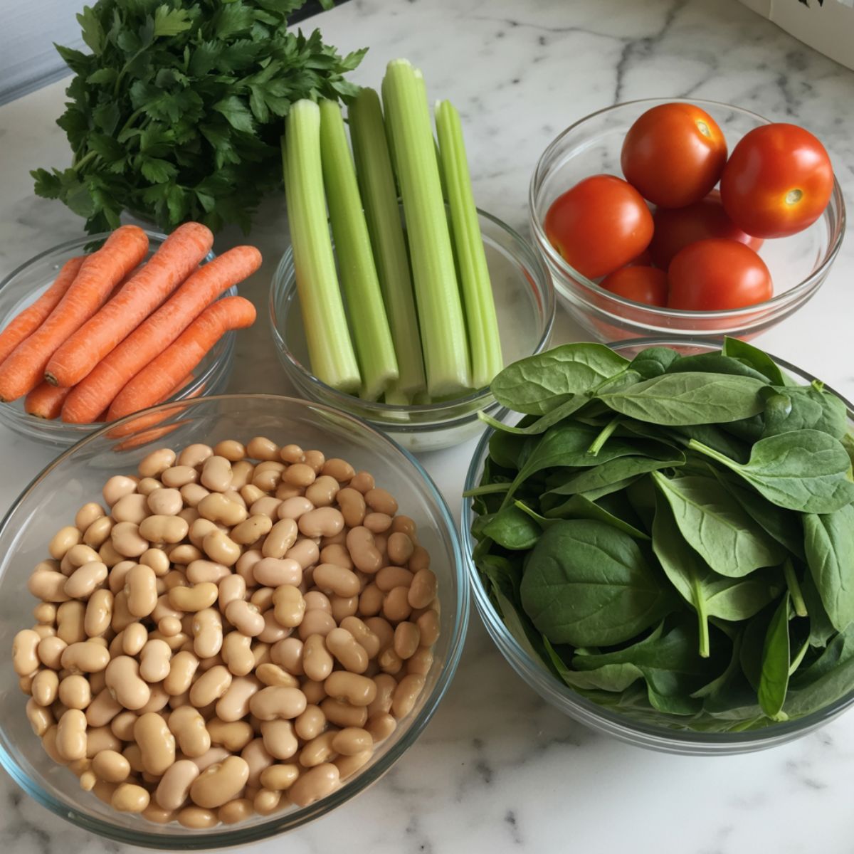 Overhead photo of Tuscan white bean soup ingredients on a white kitchen counter including beans, carrots, celery, tomatoes, garlic, and herbs.