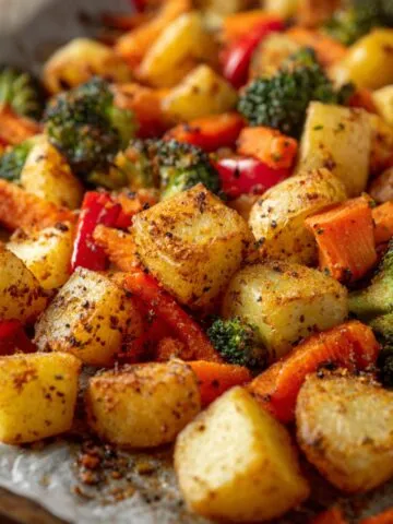 Homemade veggie potato recipe with roasted potatoes and mixed vegetables on a rustic baking sheet, photographed overhead on a white kitchen counter.