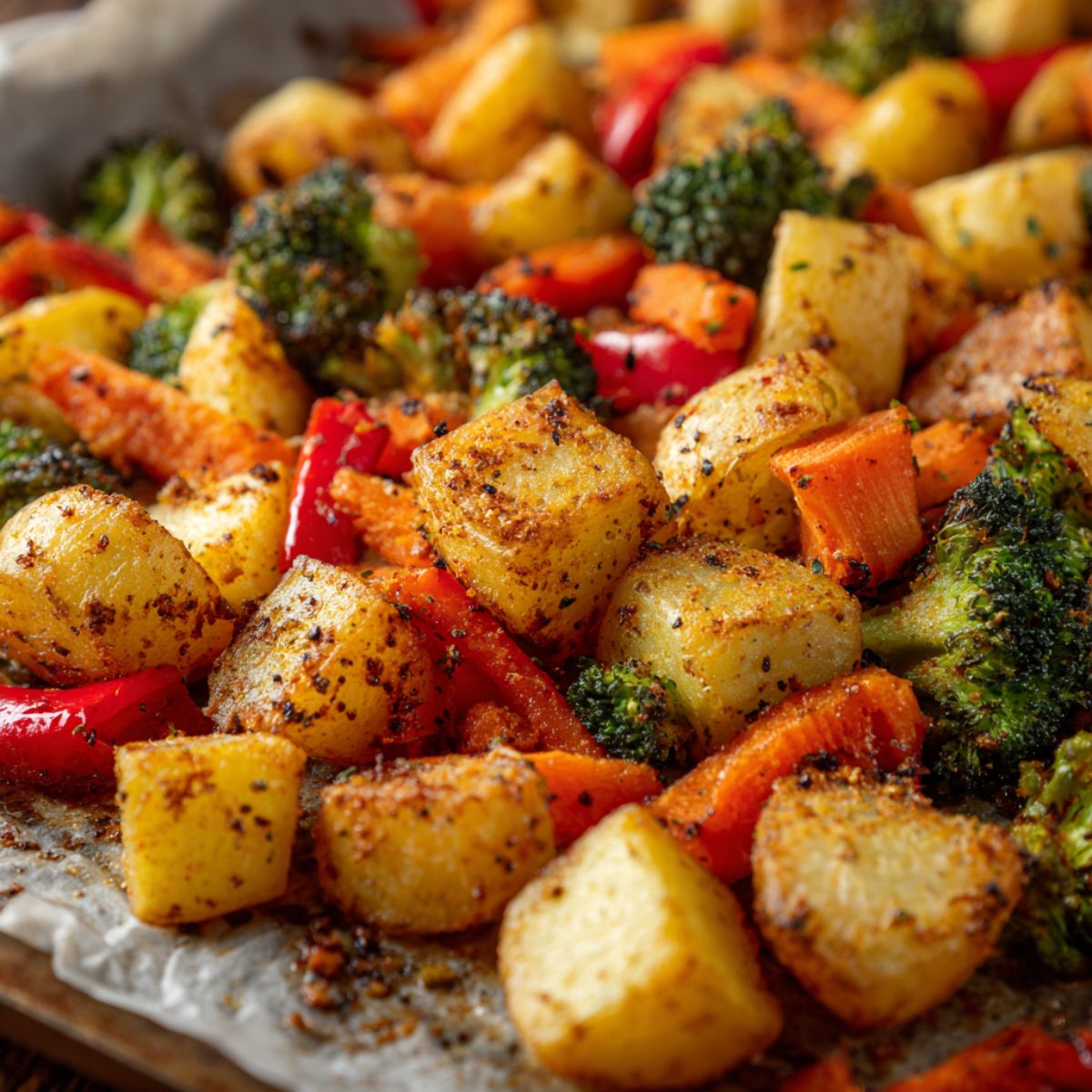 Homemade veggie potato recipe with roasted potatoes and mixed vegetables on a rustic baking sheet, photographed overhead on a white kitchen counter.