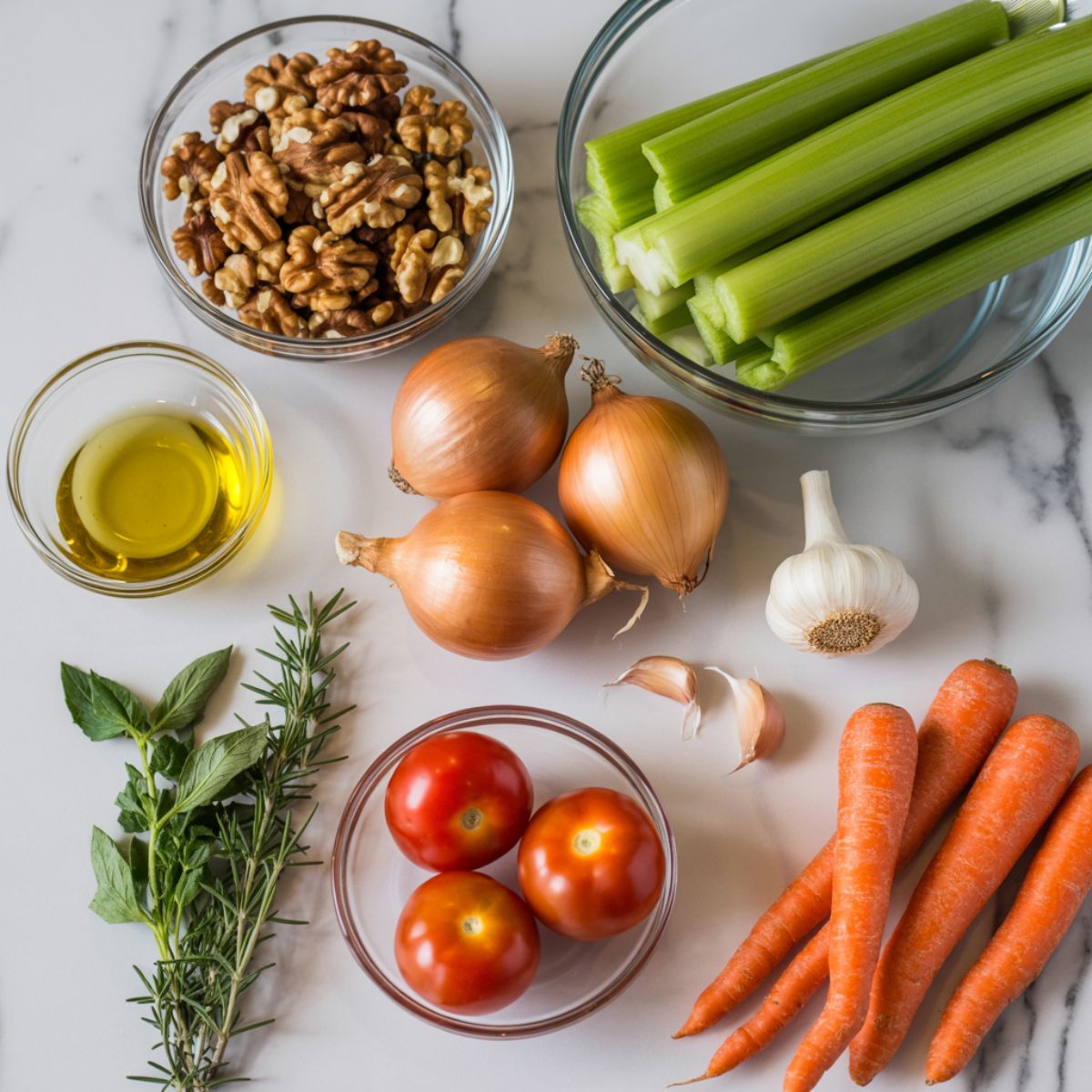 Overhead view of walnuts, vegetables, tomatoes, and herbs on a white marble kitchen counter for making walnut bolognese.