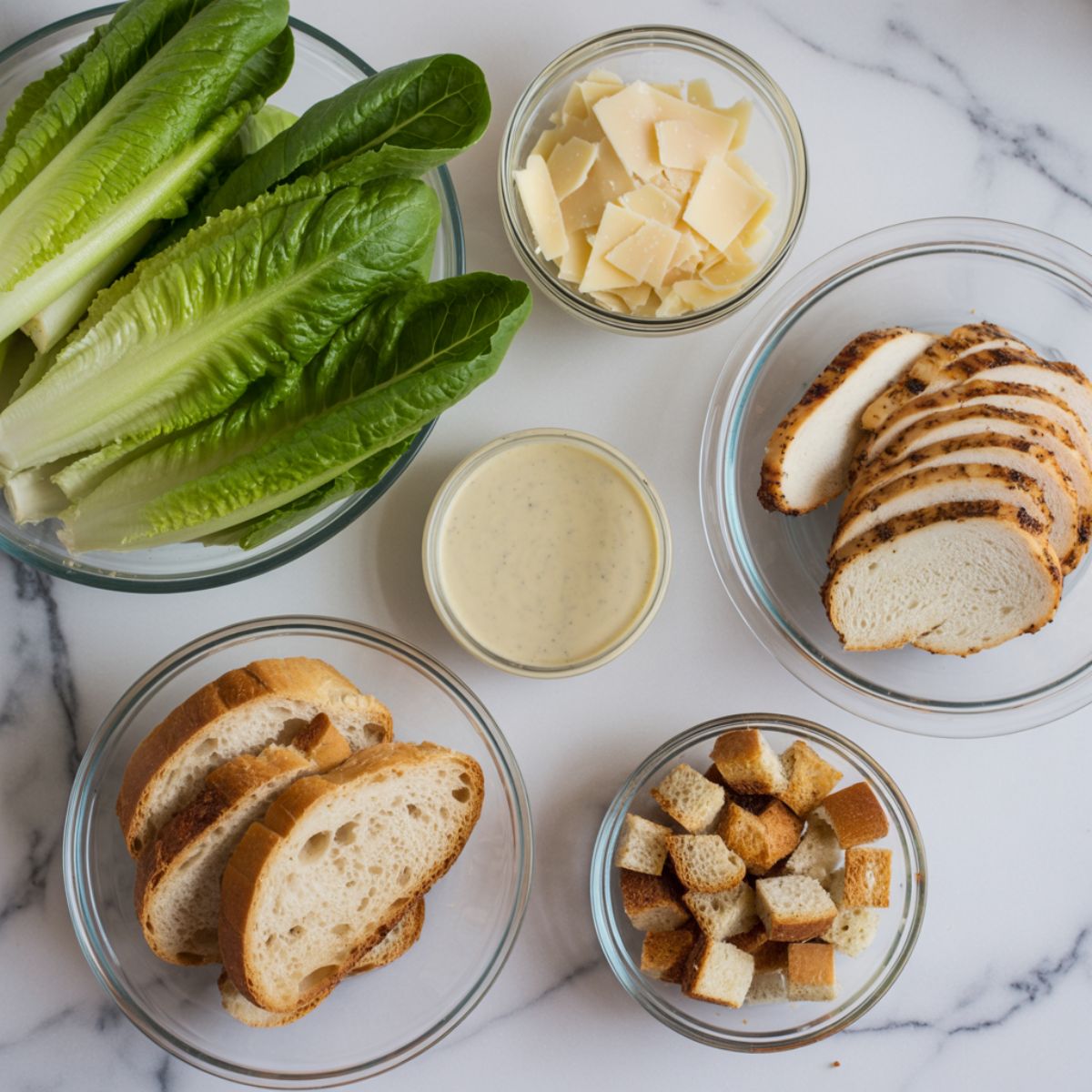 Overhead view of Caesar sandwich ingredients on white marble counter, including romaine, Parmesan, grilled chicken, sourdough bread, and Caesar dressing.