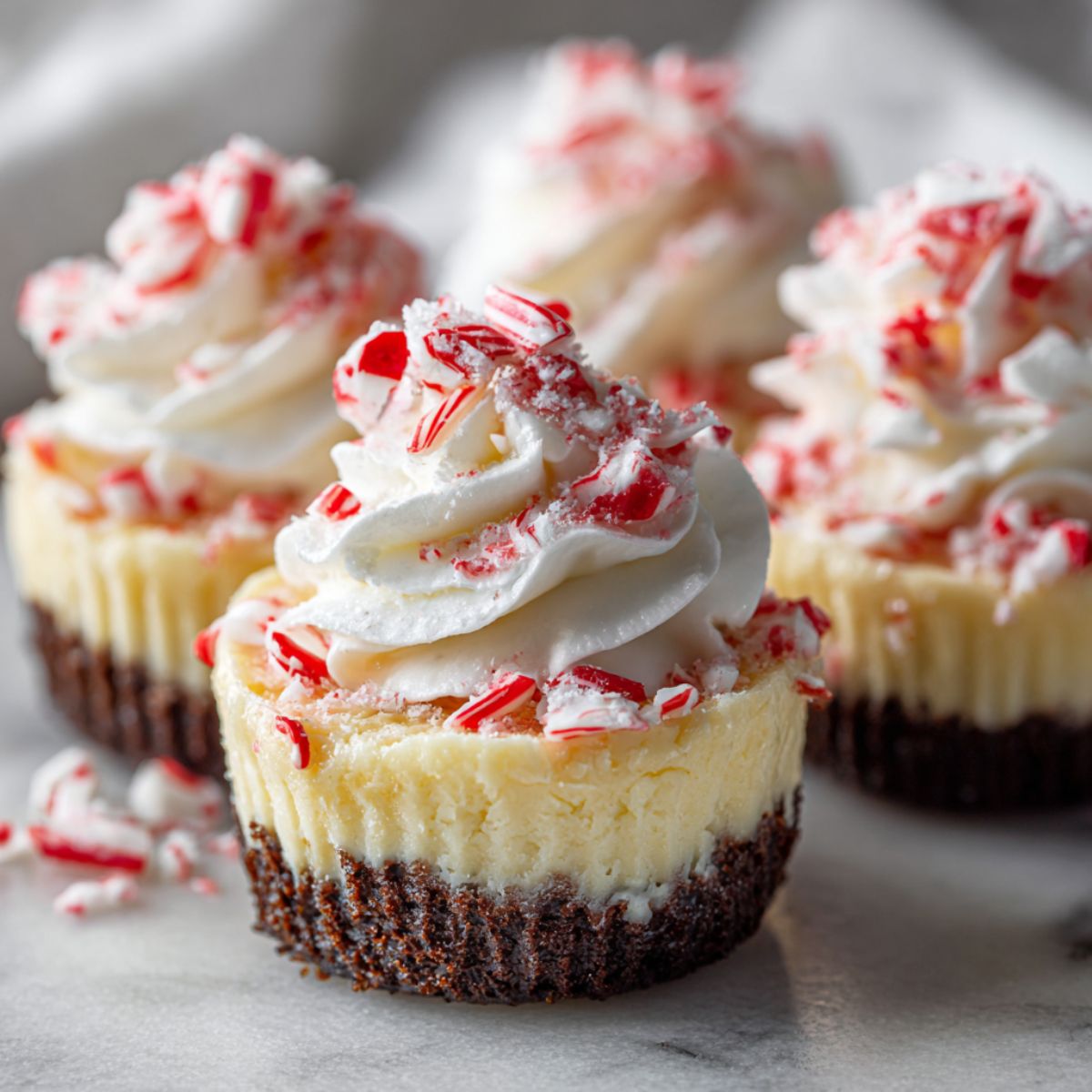 Homemade candy cane cheesecake bites recipe topped with whipped cream and crushed candy canes on a white marble kitchen counter, photographed from above for a cozy Christmas dessert feel.