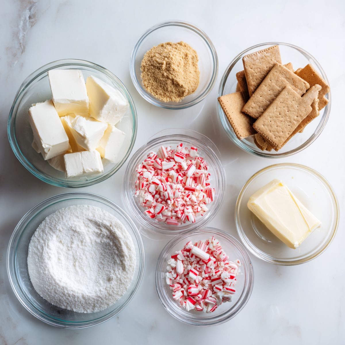 Overhead photo of homemade candy cane cheesecake ingredients on a white marble counter including cream cheese, graham crackers, and crushed candy canes for a festive holiday dessert.