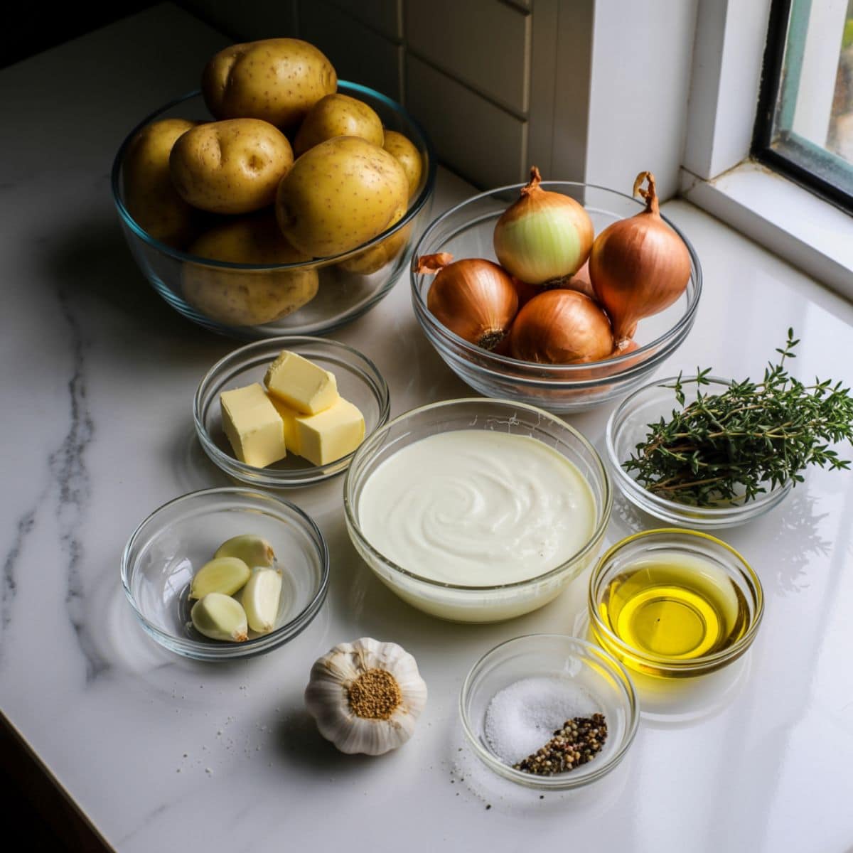 Overhead photo of Yukon Gold potatoes, onions, butter, cream, thyme, and other ingredients for caramelized onion mashed potatoes on a white counter.