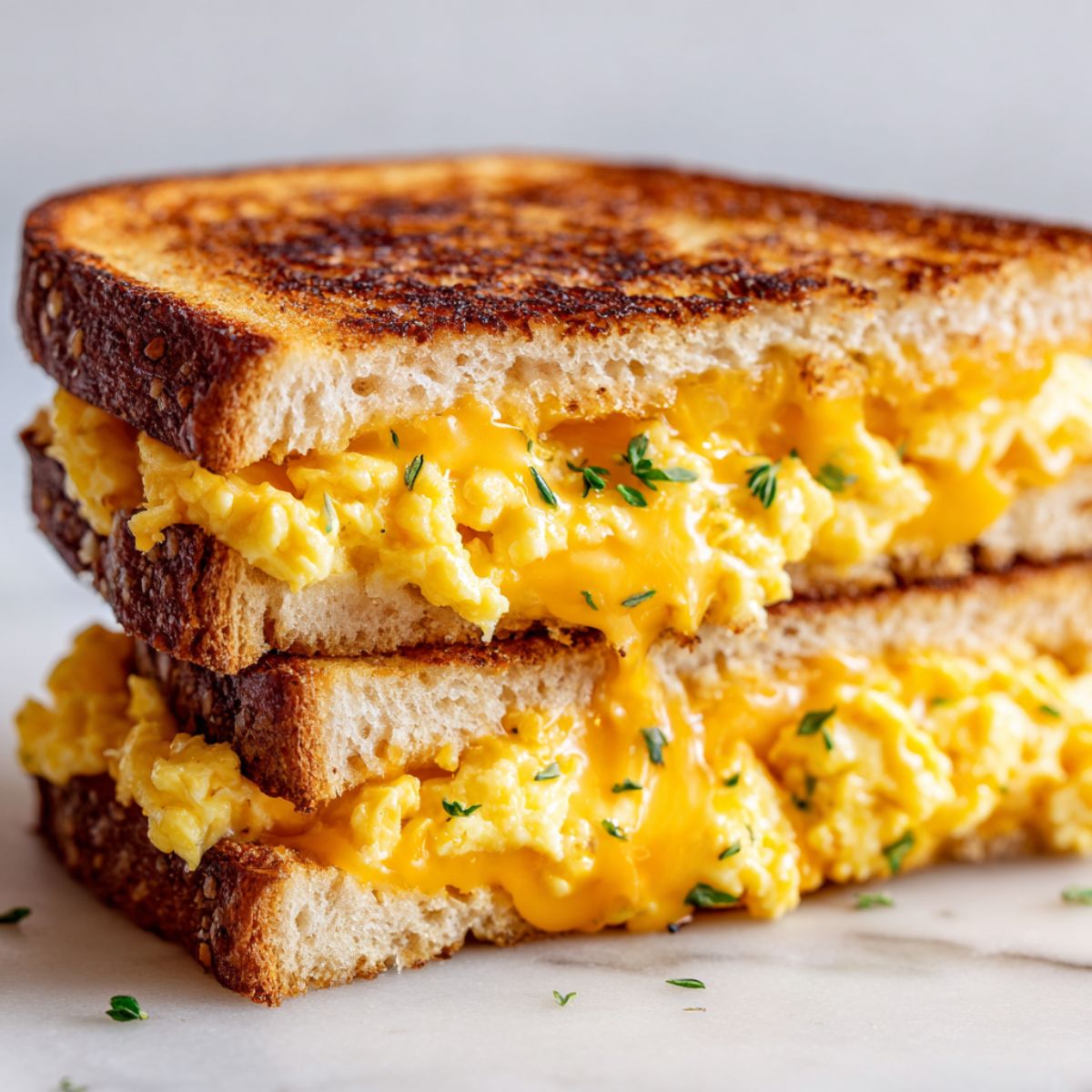Homemade cheese breakfast sandwich recipe on white kitchen counter, sliced in half to show melted cheddar and fluffy eggs.