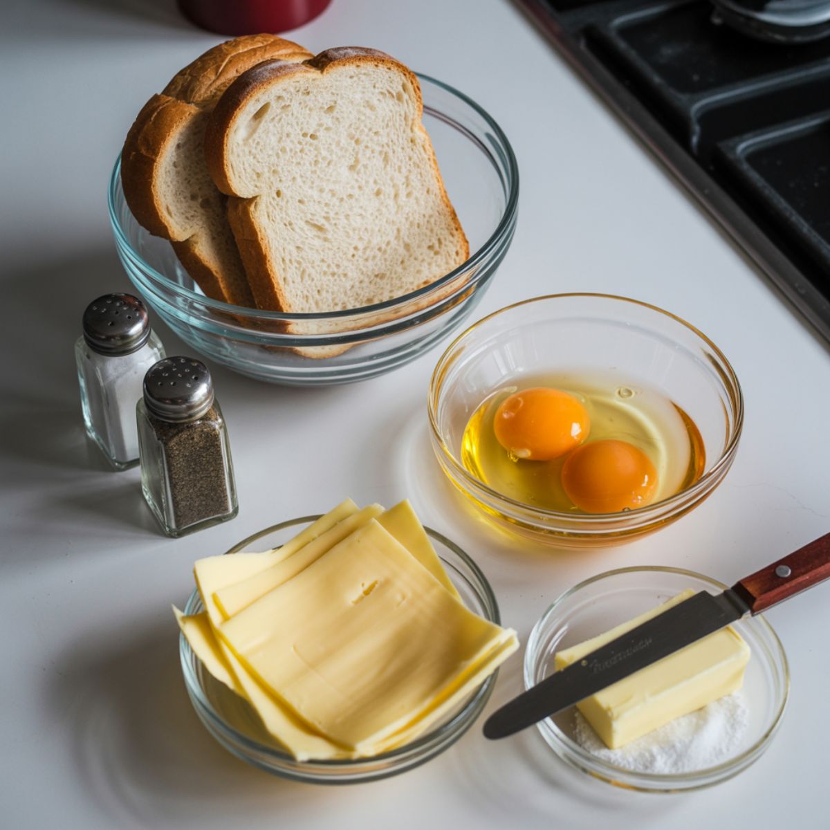 Flat lay of cheese breakfast sandwich ingredients on white kitchen counter including bread, eggs, cheddar, butter, salt, and pepper."