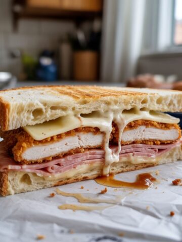 Homemade Cordon Bleu Sandwich Recipe on a white kitchen counter, cut in half to show crispy chicken, melted Swiss cheese, and ham with Dijon sauce dripping slightly — photographed from above.