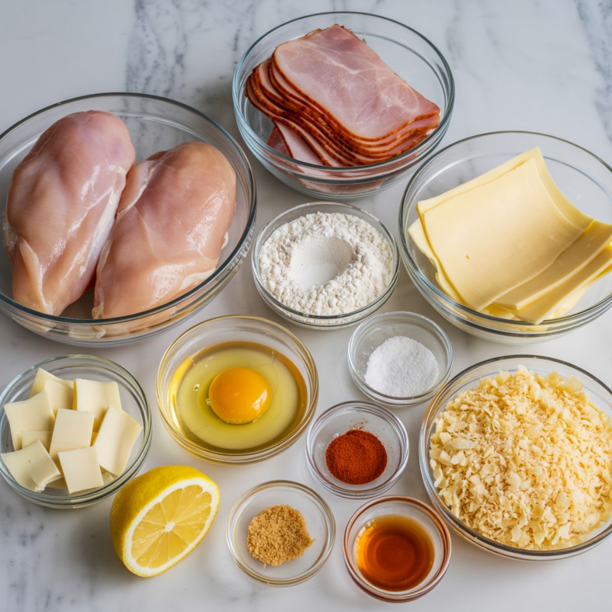 Overhead shot of Cordon Bleu Sandwich ingredients on a white kitchen counter — chicken breasts, ham, Swiss cheese, breadcrumbs, eggs, flour, and Dijon mustard sauce ingredients arranged naturally.