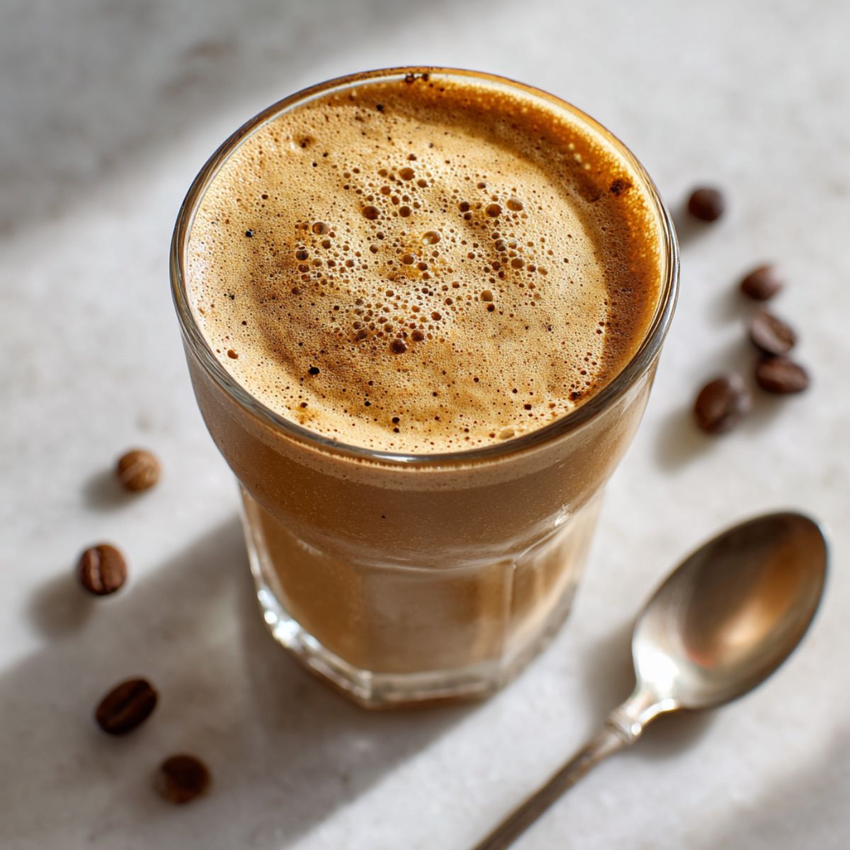 Homemade espresso smoothie recipe in a clear glass jar with frothy top on a white marble counter, photographed from above with a cozy natural morning light.