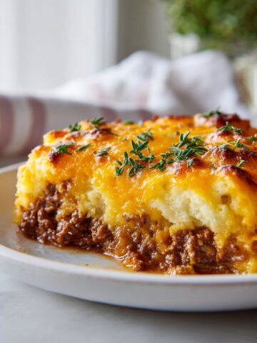 Homemade shepherd’s pie casserole recipe with golden mashed potato topping, freshly baked and served on a white kitchen counter.