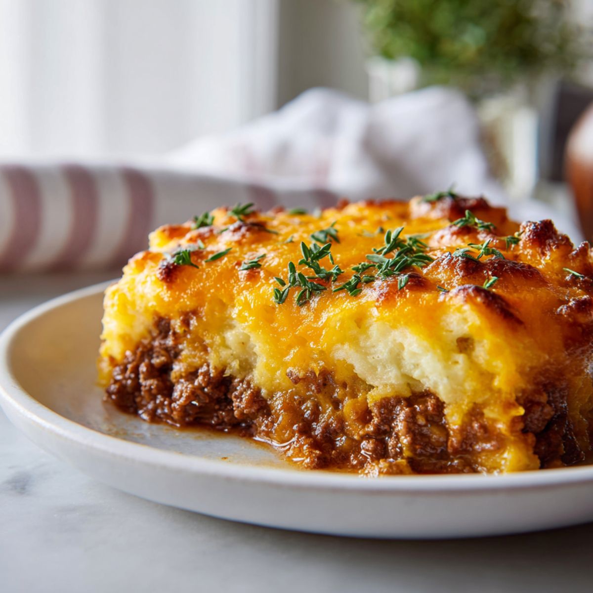 Homemade shepherd’s pie casserole recipe with golden mashed potato topping, freshly baked and served on a white kitchen counter.