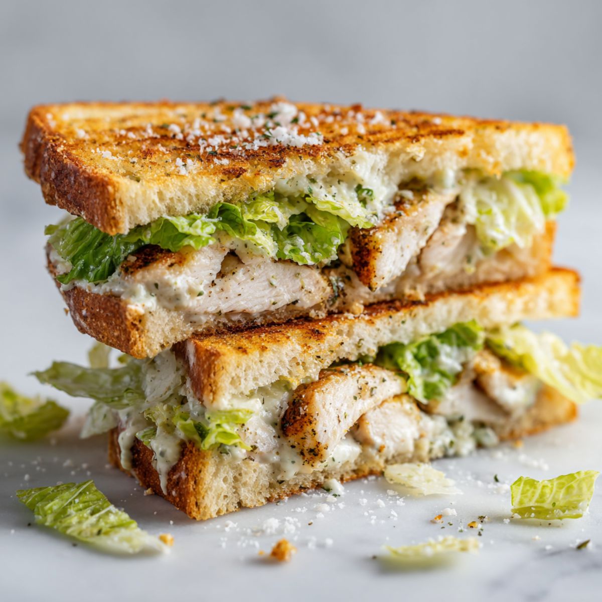 Homemade Caesar sandwich recipe on white marble counter, cut diagonally with romaine, grilled chicken, and Parmesan cheese showing in layers.