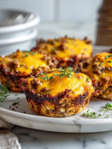 Homemade cheeseburger cups recipe on a white kitchen counter with melted cheese and golden biscuit crust, captured from overhead in natural light.