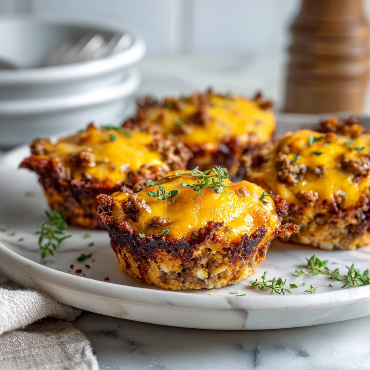 Homemade cheeseburger cups recipe on a white kitchen counter with melted cheese and golden biscuit crust, captured from overhead in natural light.