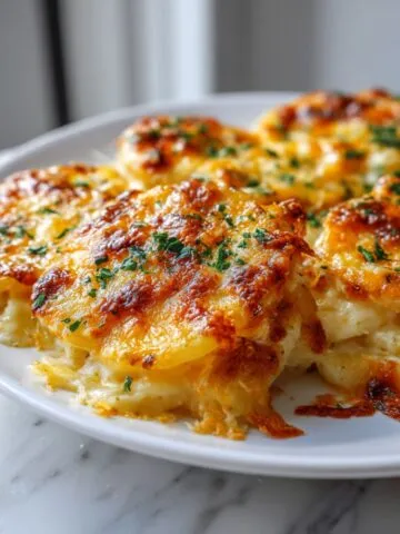 Golden-brown cheesy garlic scalloped potatoes recipe in a white baking dish on a marble counter, photographed from above with a real homemade look.