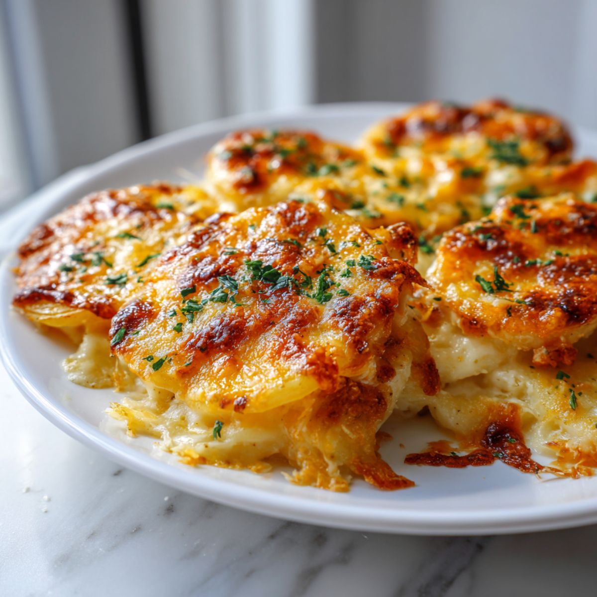 Golden-brown cheesy garlic scalloped potatoes recipe in a white baking dish on a marble counter, photographed from above with a real homemade look.