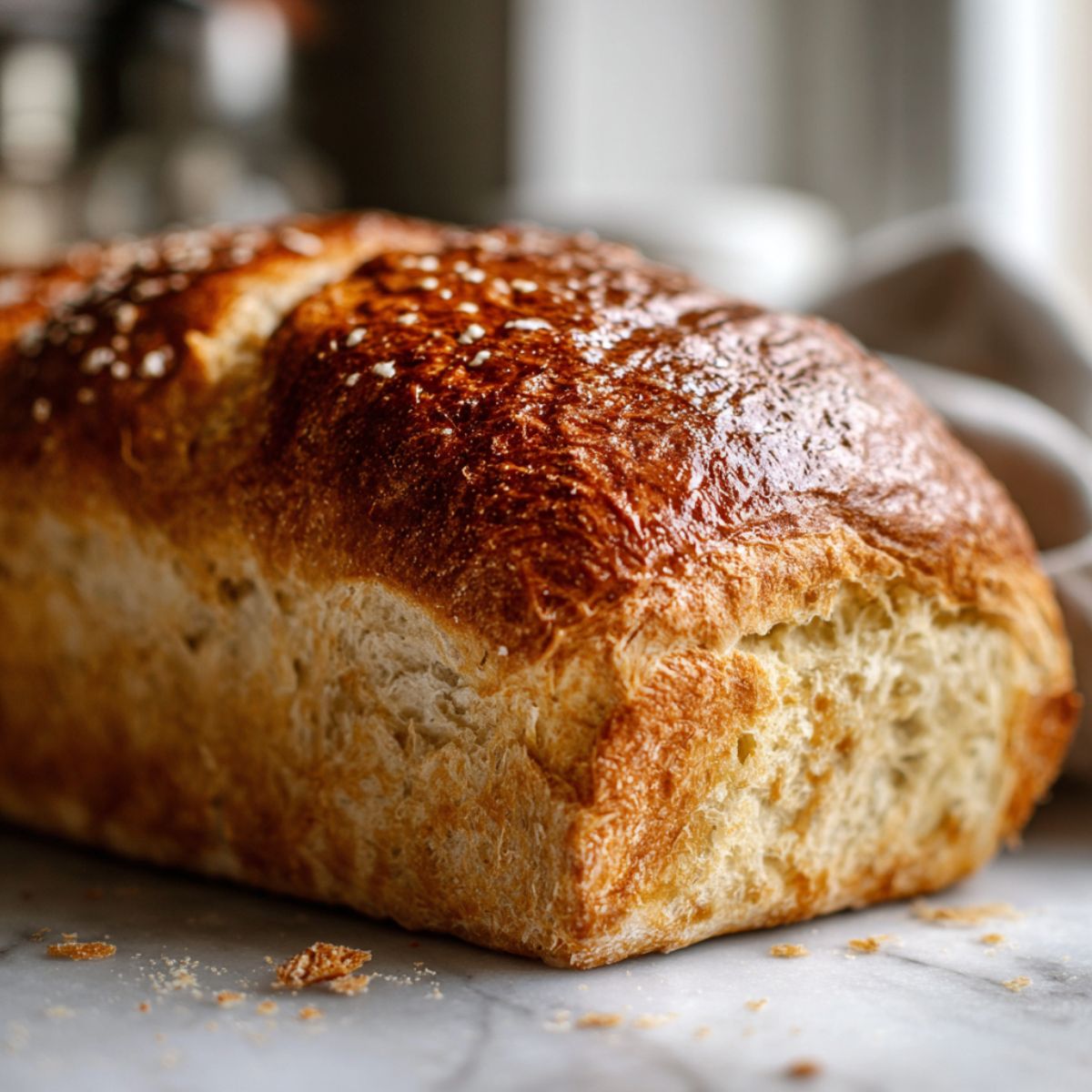 Golden homemade honey bread recipe loaf on a white kitchen counter with crumbs, photographed from above in a real home kitchen.