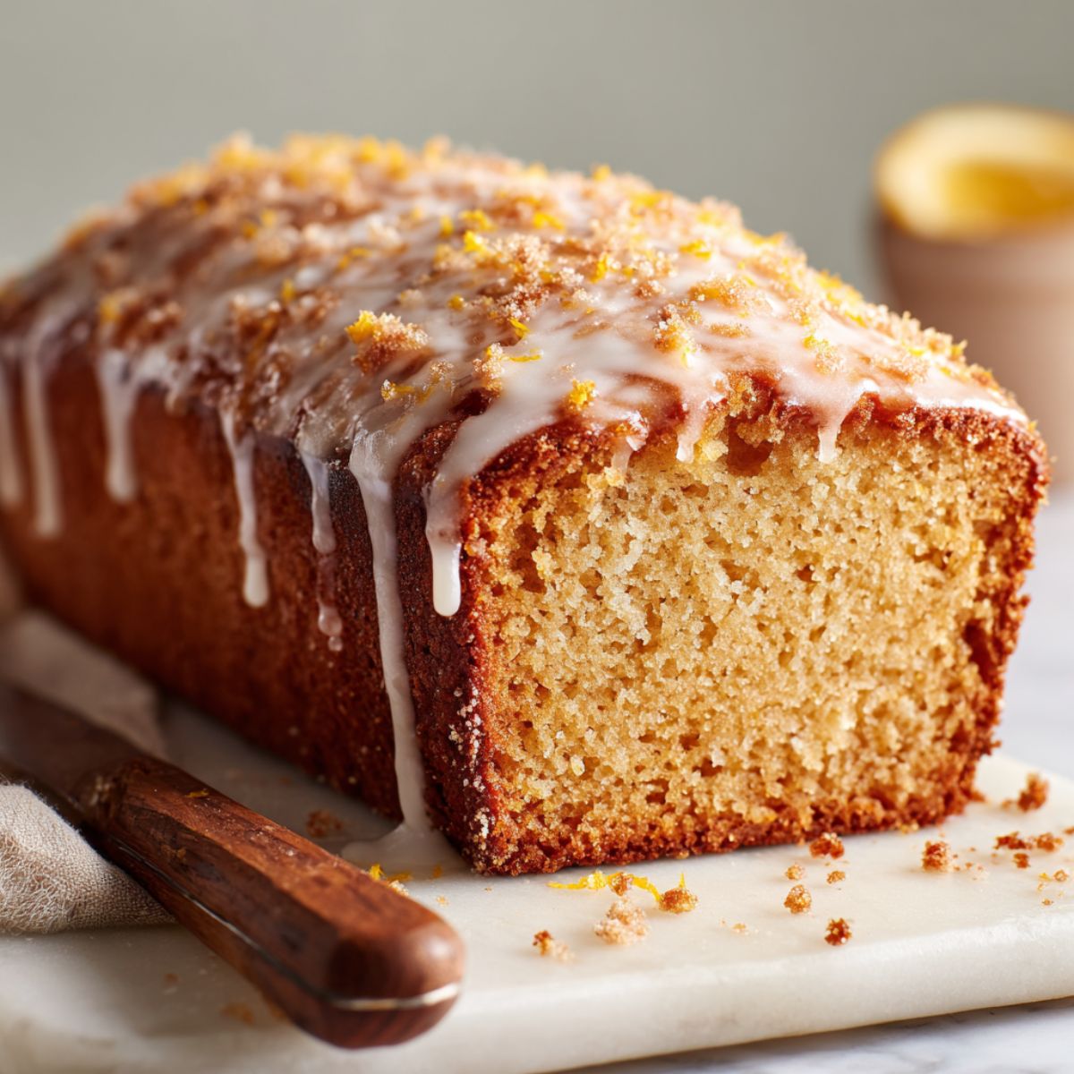 Homemade orange bread recipe loaf with glaze on a white kitchen counter, overhead photo showing natural crumbs and cozy homemade feel.