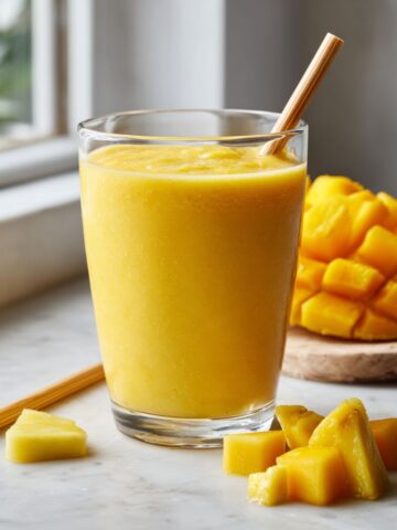 Overhead photo of a homemade tropical mango smoothie recipe in a clear glass with mango slices and pineapple on a white kitchen counter.
