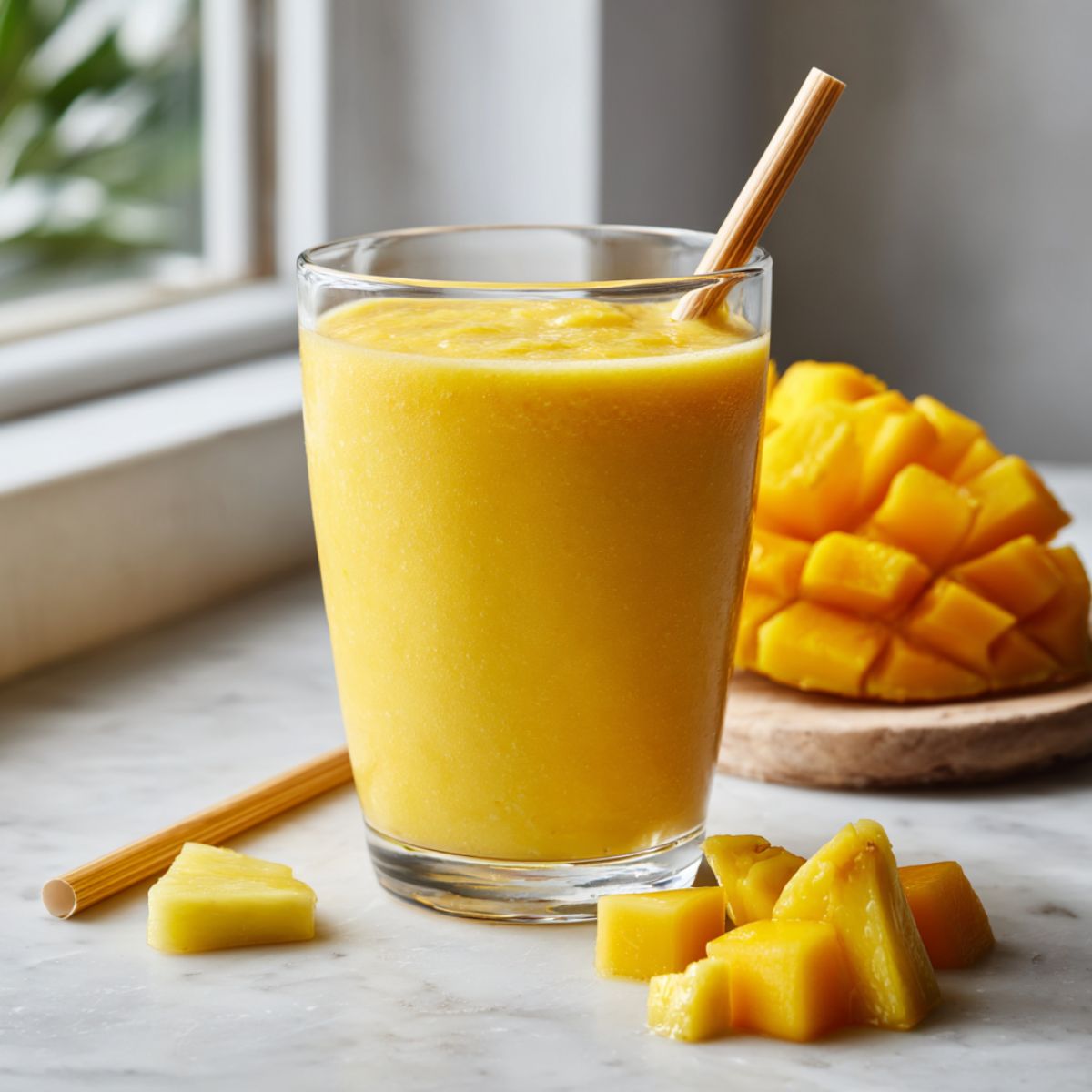 Overhead photo of a homemade tropical mango smoothie recipe in a clear glass with mango slices and pineapple on a white kitchen counter.